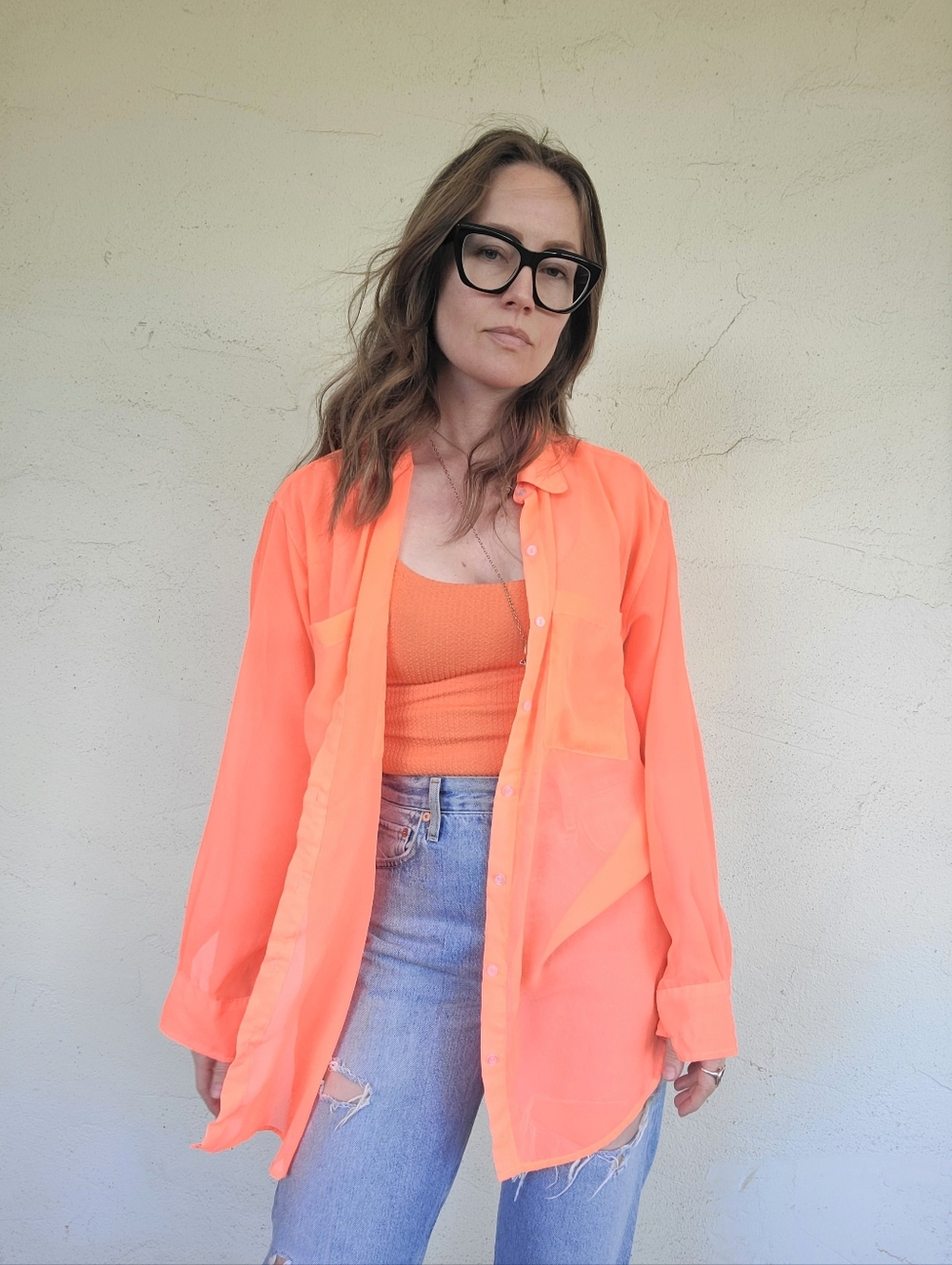 The Neon Coral Y2K Vintage American Apparel Chiffon Button Down XS-XL